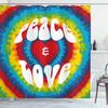 Ambesonne 70s Party Shower Curtain, Peace and Love Groovy Sixties Tie Dye Effect Heart Shaped Abstract Rainbow Print, Cloth Fabric Bathroom Decor Set with Hooks, 69" W x 84" L, Red Blue view 1