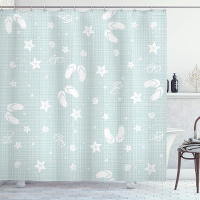 Ambesonne Aqua Shower Curtain, Beach Theme Design Shells Starfishes Flip Flops Glasses Summer Holiday Image, Cloth Fabric Bathroom Decor Set with Hooks, 69" W x 84" L, Seafoam and White