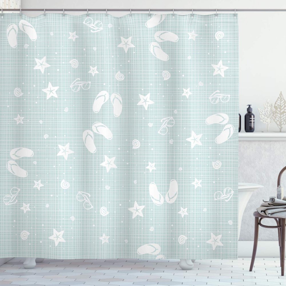 Ambesonne Aqua Shower Curtain, Beach Theme Design Shells Starfishes Flip Flops Glasses Summer Holiday Image, Cloth Fabric Bathroom Decor Set with Hooks, 69" W x 84" L, Seafoam and White
