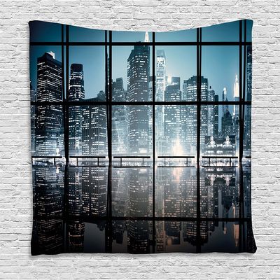 Ambesonne Modern Tapestry, Modern New York City Scenery at Night with Skyscrapers Buildings Print, Wall Hanging for Bedroom Living Room Dorm Decor, 60" X 80", Black Blue