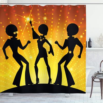 Ambesonne 70s Party Shower Curtain, Dancing People in Disco Night Club with Afro Hair Style Bokeh Backdrop, Cloth Fabric Bathroom Decor Set with Hooks, 69" W x 84" L, Orange Yellow Black
