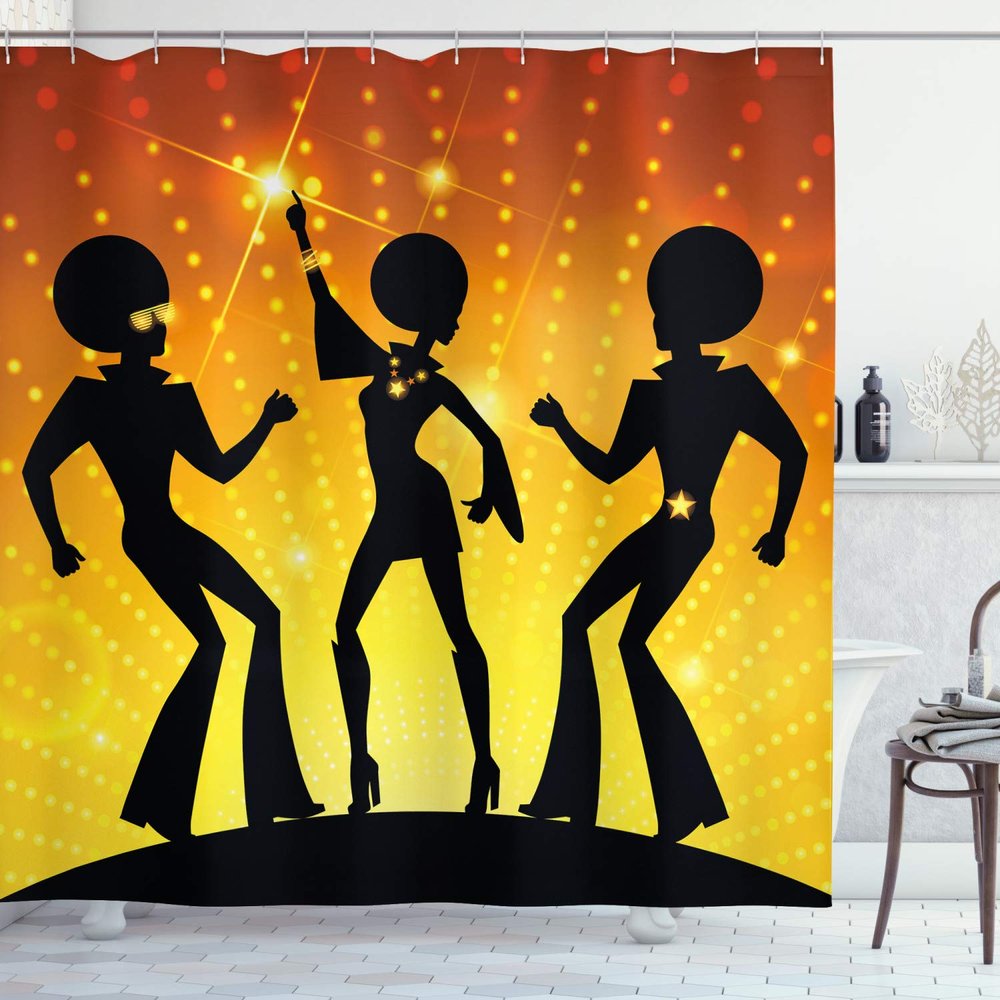 Ambesonne 70s Party Shower Curtain, Dancing People in Disco Night Club with Afro Hair Style Bokeh Backdrop, Cloth Fabric Bathroom Decor Set with Hooks, 69" W x 84" L, Orange Yellow Black