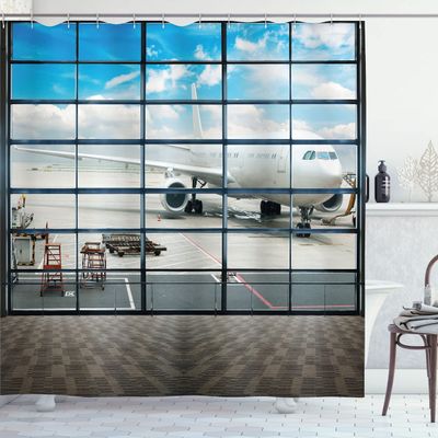 Ambesonne Modern Shower Curtain, China Shangai Airport with Big Jet Plane Traveller Photograph Art Print, Cloth Fabric Bathroom Decor Set with Hooks, 69" W x 70" L, Sky Blue and White
