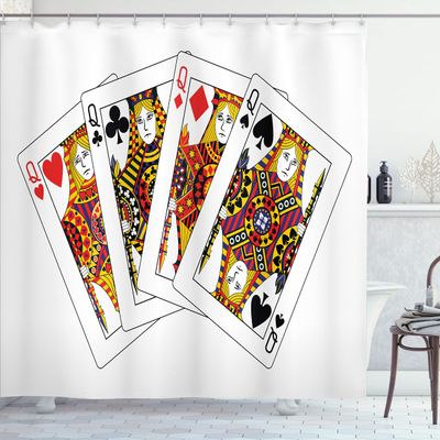 Ambesonne Queen Shower Curtain, Queens Poker Set Faces Hearts and Spades Gambling Theme Playing Cards, Cloth Fabric Bathroom Decor Set with Hooks, 69" W x 75" L, Black Red Yellow