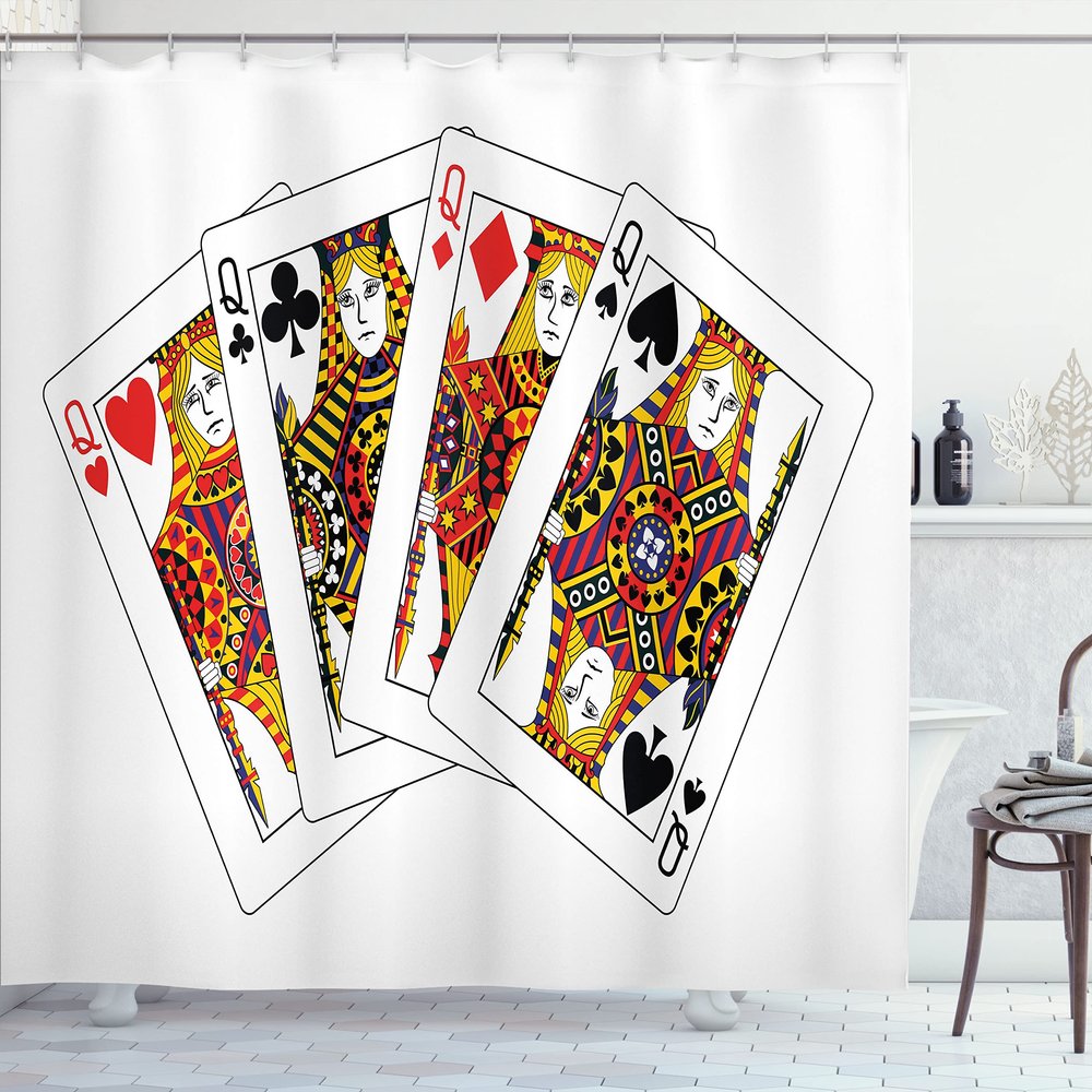 Ambesonne Queen Shower Curtain, Queens Poker Set Faces Hearts and Spades Gambling Theme Playing Cards, Cloth Fabric Bathroom Decor Set with Hooks, 69" W x 75" L, Black Red Yellow