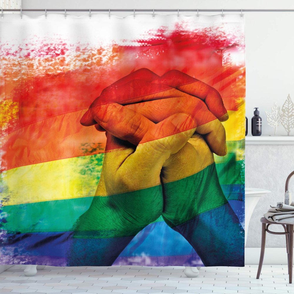 Ambesonne Pride Shower Curtain, Hands of Young Men Put Together on Abstract LGBT Parade Flag Love Wins Gay Partners, Cloth Fabric Bathroom Decor Set with Hooks, 69" W x 75" L, Multicolor White