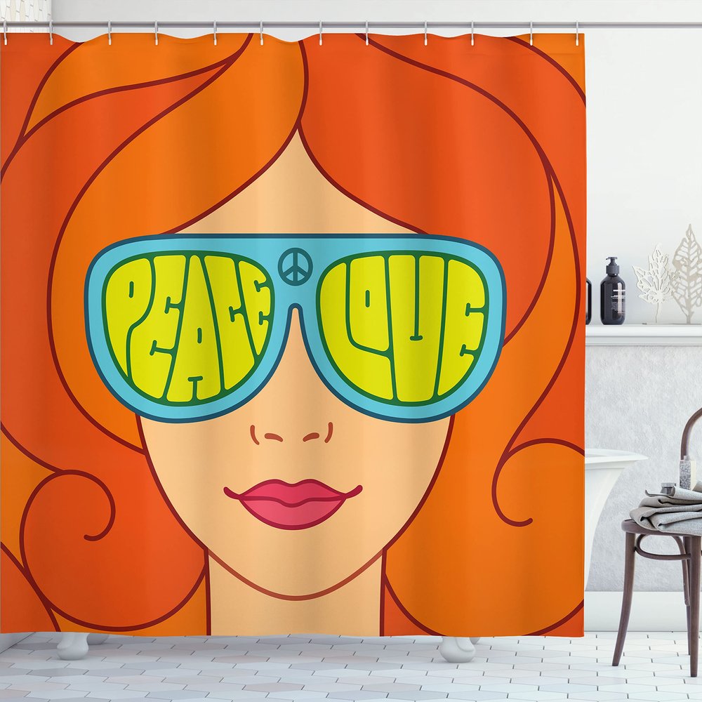 Ambesonne 70s Party Shower Curtain, Red Haired Girl with Sunglasses Retro Typography Hippie with Love and Peace Print, Cloth Fabric Bathroom Decor Set with Hooks, 69" W x 84" L, Marigold Sky Blue Ruby