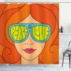 Ambesonne 70s Party Shower Curtain, Red Haired Girl with Sunglasses Retro Typography Hippie with Love and Peace Print, Cloth Fabric Bathroom Decor Set with Hooks, 69" W x 84" L, Marigold Sky Blue Ruby view 1