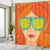 Ambesonne 70s Party Shower Curtain, Red Haired Girl with Sunglasses Retro Typography Hippie with Love and Peace Print, Cloth Fabric Bathroom Decor Set with Hooks, 69" W x 84" L, Marigold Sky Blue Ruby view 4