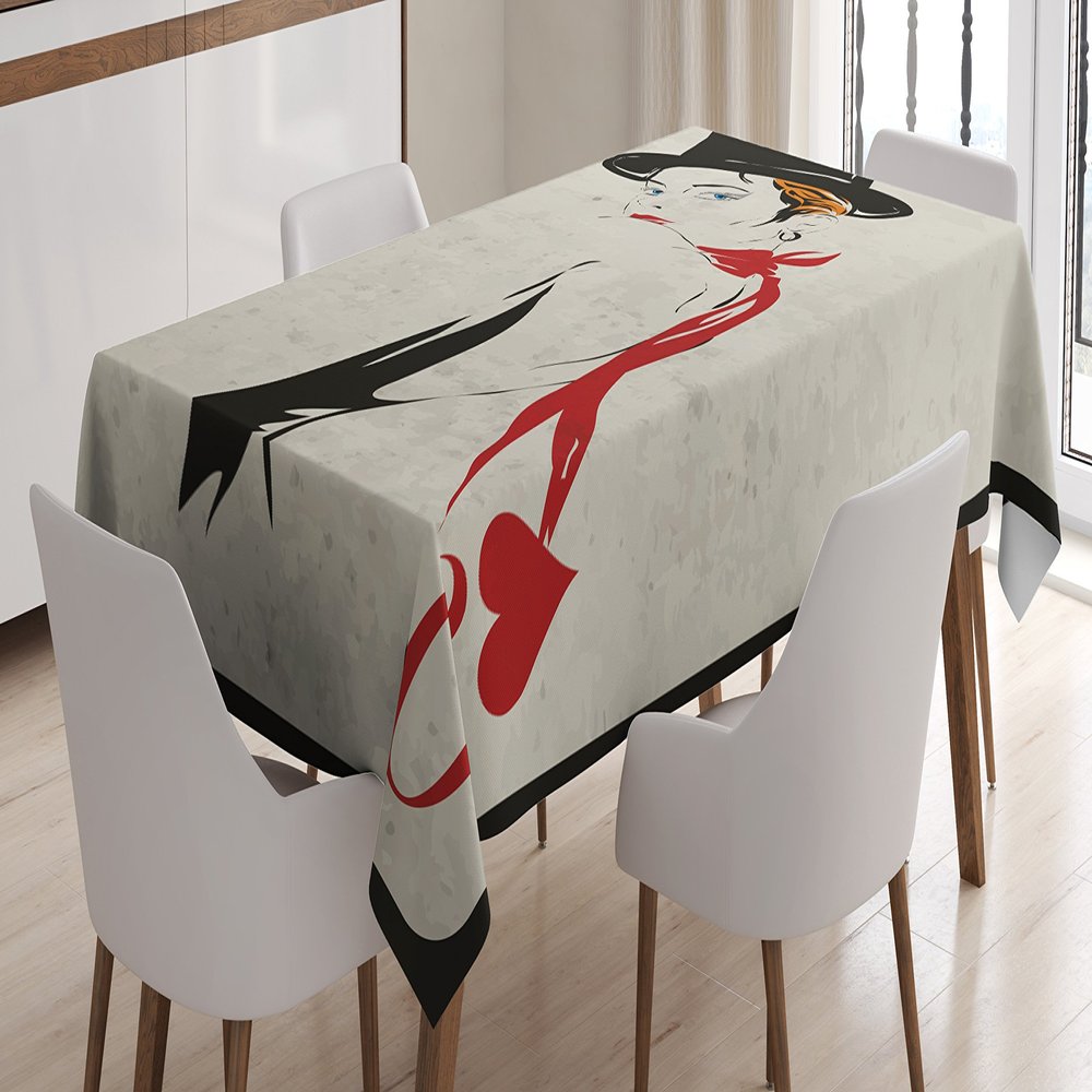 Ambesonne Queen Tablecloth, Retro Style Woman with Hat Playing Card Design Poker Casino Gamble, Rectangular Table Cover for Dining Room Kitchen Decor, 60" X 90",Vermilion Beige