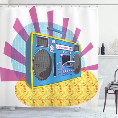Ambesonne 70s Party Shower Curtain, Retro Boom Box in Pop Art Manner Dance Music Colorful Composition Artwork Print, Cloth Fabric Bathroom Decor Set with Hooks, 75" Long, Purple Blue