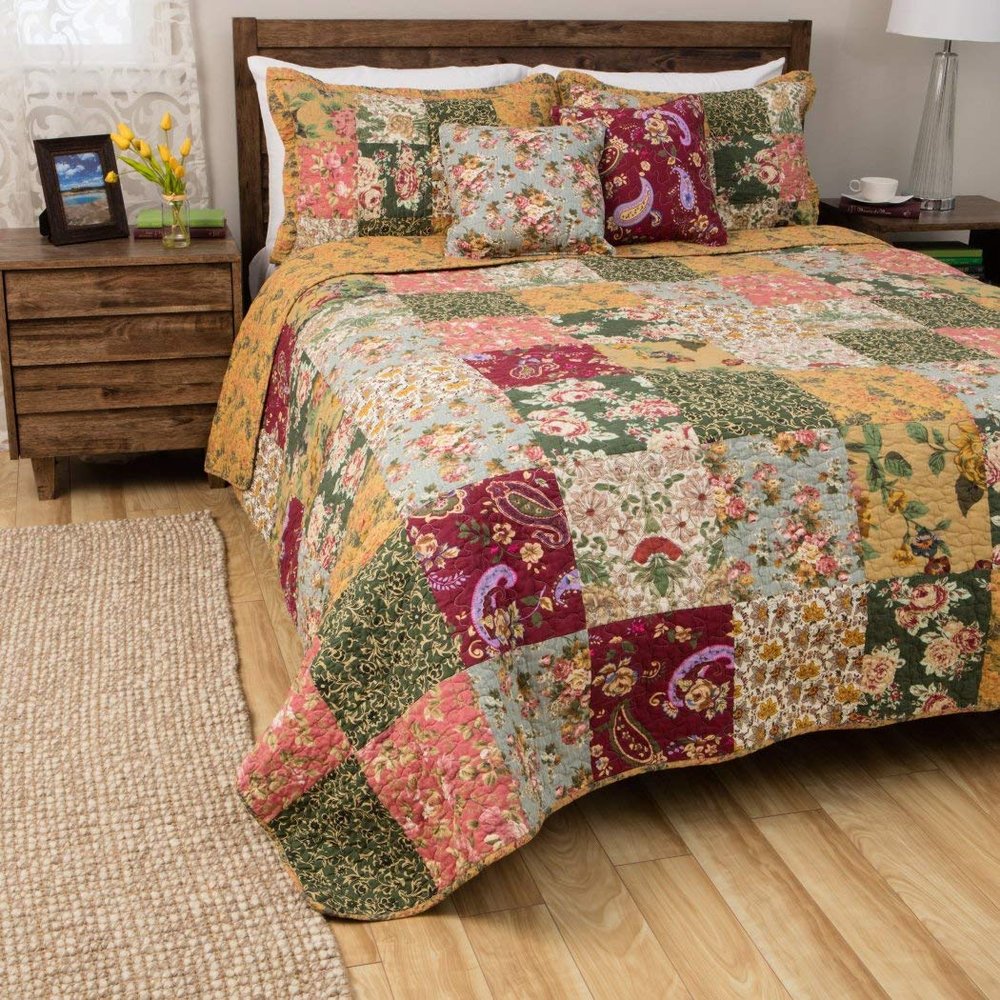 3 Piece Brown Floral King Size Patchwork Quilt, Oversized Antique Damask Brown Beige Orange White Victorian Flowers, Modern Burgundy Spring Soft Gray, Reversible, Cotton Synthetic Fiber