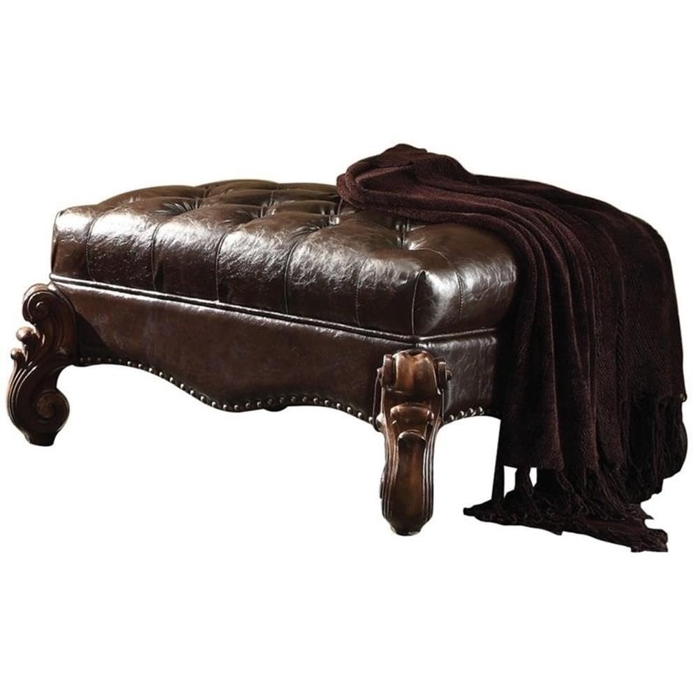 Acme Versailles Faux Leather Upholstered Ottoman in Dark Brown and Cherry Oak