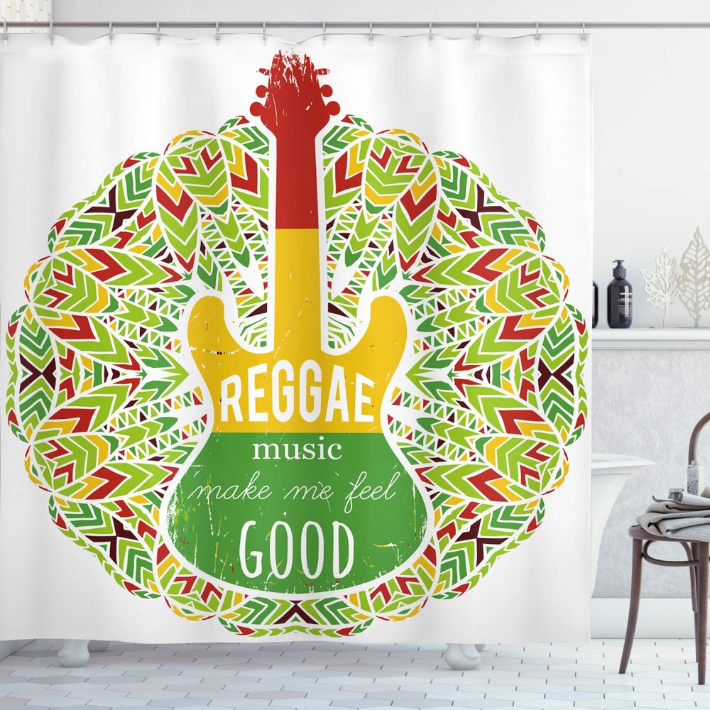 Ambesonne Rasta Shower Curtain, Reggae Music Makes Me Feel Words Jamaican Island Cultureic Guitar, Cloth Fabric Bathroom Decor Set with Hooks, 69" W x 70" L, Green Yellow and Red