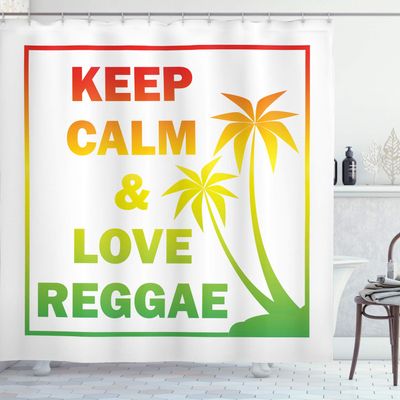 Ambesonne Rasta Shower Curtain, Keep Calm and Love Reggae Words in Ombre Rainbow Colors Music Themed, Cloth Fabric Bathroom Decor Set with Hooks, 69" W x 75" L, Pale Green Yellow