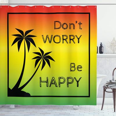 Ambesonne Rasta Shower Curtain, Dont Worry Be Happy Music Words of Iconic Singer Palms Ombre Colors, Cloth Fabric Bathroom Decor Set with Hooks, 69" W x 75" L, Lime Green Yellow Black