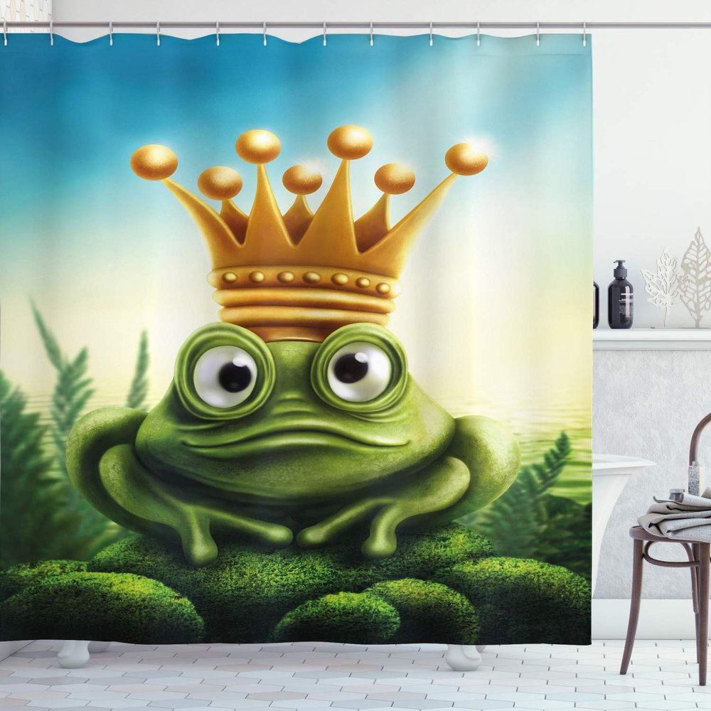 Ambesonne King Shower Curtain, Frog Prince on Moss Stone with Crown Inspired Cartoon Image, Cloth Fabric Bathroom Decor Set with Hooks, 69" W x 70" L, Forest Green and Yellow
