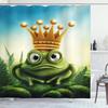 Ambesonne King Shower Curtain, Frog Prince on Moss Stone with Crown Inspired Cartoon Image, Cloth Fabric Bathroom Decor Set with Hooks, 69" W x 70" L, Forest Green and Yellow view 1