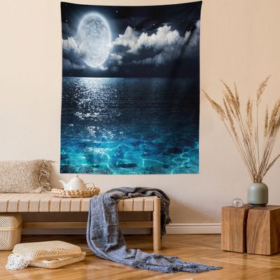 Ambesonne Night Sky Tapestry, Full Moon and Foggy Clouds with Turquoise Glass Like Sea Ocean Print, Wall Hanging for Bedroom Living Room Dorm Decor, 60" X 80", Blue and White