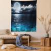 Ambesonne Night Sky Tapestry, Full Moon and Foggy Clouds with Turquoise Glass Like Sea Ocean Print, Wall Hanging for Bedroom Living Room Dorm Decor, 60" X 80", Blue and White view 1