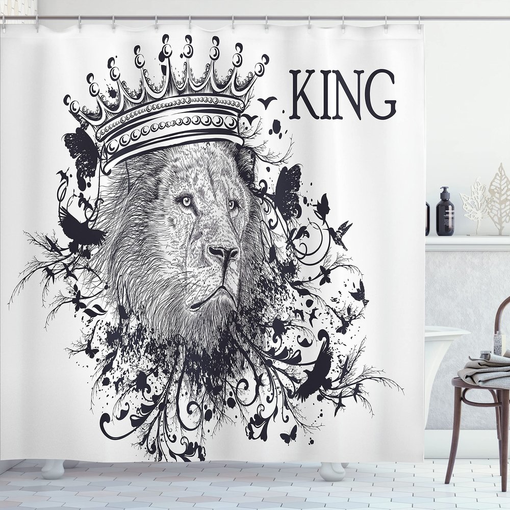 Ambesonne King Shower Curtain, Reign of The Jungle Forest of Courage Savannah Animal Lion Grunge Design Print, Cloth Fabric Bathroom Decor Set with Hooks, 69" W x 84" L, White and Black