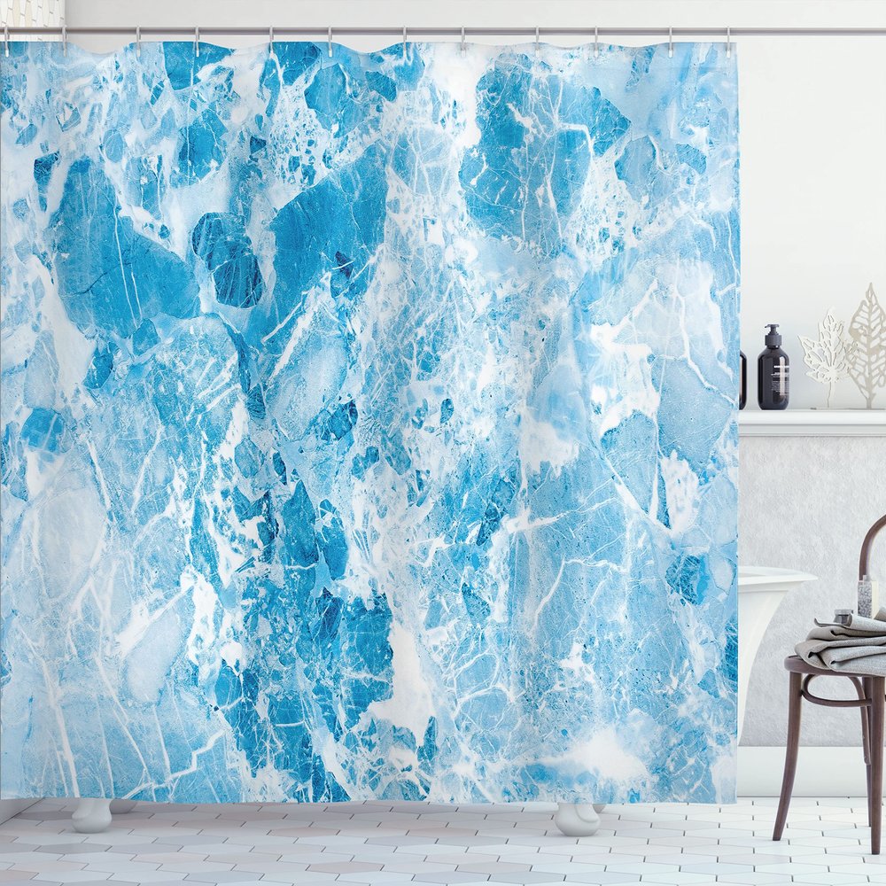 Ambesonne Marble Print Shower Curtain, Shady Rock Surface Pattern in Hand Drawn Style Ink Marbling Background, Cloth Fabric Bathroom Decor Set with Hooks, 69" W x 70" L, Pale Blue
