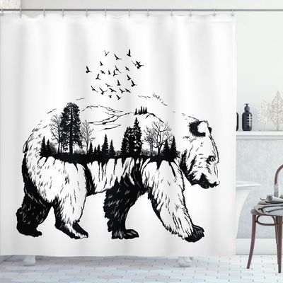 Ambesonne Cabin Shower Curtain, Hand Drawn Bear Double Exposure with Forest Trees Flying Birds Concept Artwork, Cloth Fabric Bathroom Decor Set with Hooks, 69" W x 75" L, White Charcoal