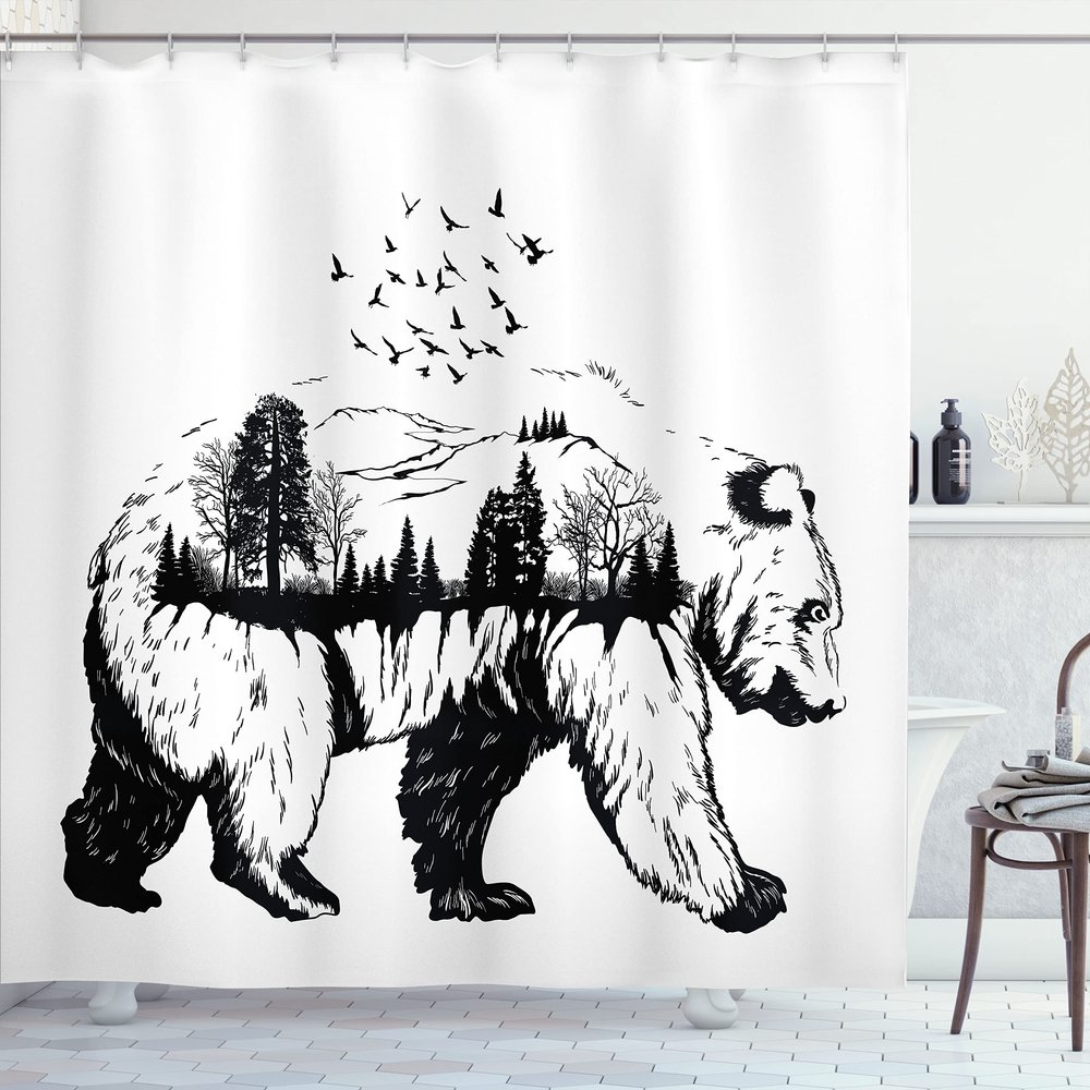 Ambesonne Cabin Shower Curtain, Hand Drawn Bear Double Exposure with Forest Trees Flying Birds Concept Artwork, Cloth Fabric Bathroom Decor Set with Hooks, 69" W x 75" L, White Charcoal