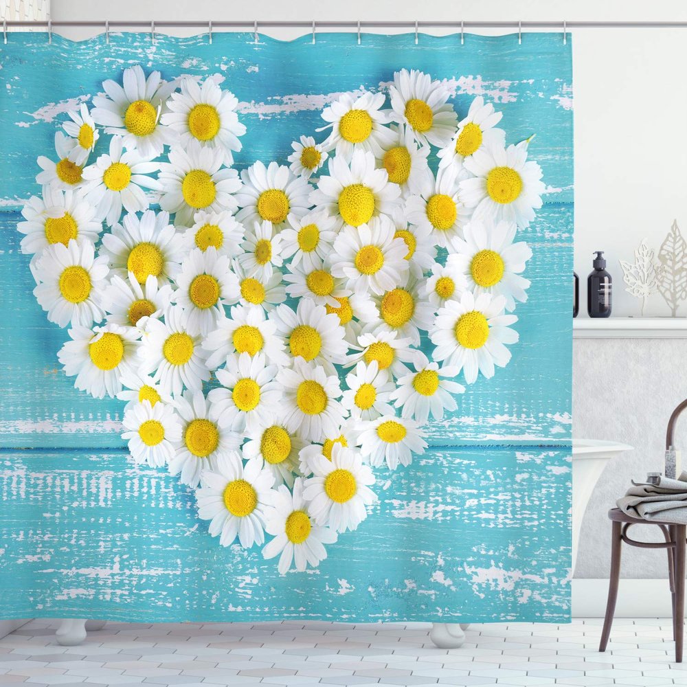 Ambesonne Yellow and Blue Shower Curtain, Heart Shaped Daisy Flowers Romantic Lovers Chamomile Blossoms Print, Cloth Fabric Bathroom Decor Set with Hooks, 69" W x 70" L, Sky Blue White