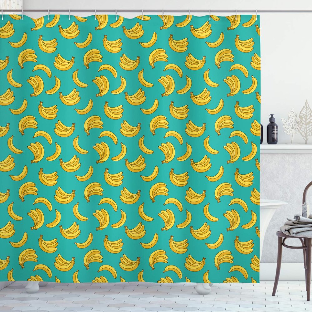 Ambesonne Yellow and Blue Shower Curtain, Tropical Bananas Pattern in Vivid Tones Exotic Style Palm Summer Graphic, Cloth Fabric Bathroom Decor Set with Hooks, 69" W x 75" L, Teal Yellow