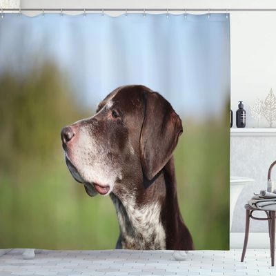 Ambesonne Hunting Shower Curtain, German Short Haired Pointer in Wilderness Portrait Photograph Kurzhaar Pet Dog, Cloth Fabric Bathroom Decor Set with Hooks, 69" W x 75" L, Multicolor Pale Blue