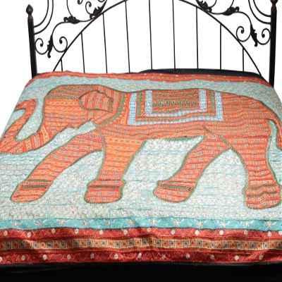 Gujarati Bedcover with Applique Elephant and All-Over Embroidery with Sequins Work - Pure Cotton - Color Emberglow and Blue Color