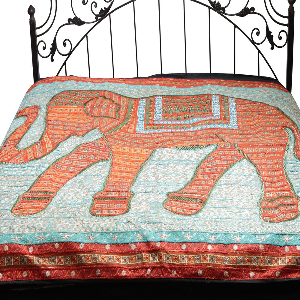 Gujarati Bedcover with Applique Elephant and All-Over Embroidery with Sequins Work - Pure Cotton - Color Emberglow and Blue Color