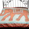 Gujarati Bedcover with Applique Elephant and All-Over Embroidery with Sequins Work - Pure Cotton - Color Emberglow and Blue Color view 1