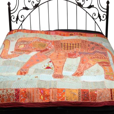 Gujarati Bedcover with Applique Elephant and All-Over Embroidery with Sequins Work - Pure Cotton - Color Orange and Glacier Color