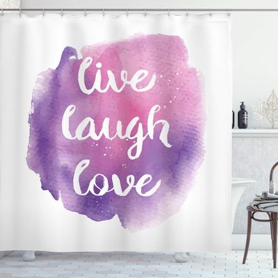 Ambesonne Live Laugh Love Shower Curtain, Wise and Happy Life Message on Watercolor Paintbrush Effects Print, Cloth Fabric Bathroom Decor Set with Hooks, 69" W x 75" L, Purple White