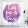 Ambesonne Live Laugh Love Shower Curtain, Wise and Happy Life Message on Watercolor Paintbrush Effects Print, Cloth Fabric Bathroom Decor Set with Hooks, 69" W x 75" L, Purple White view 1