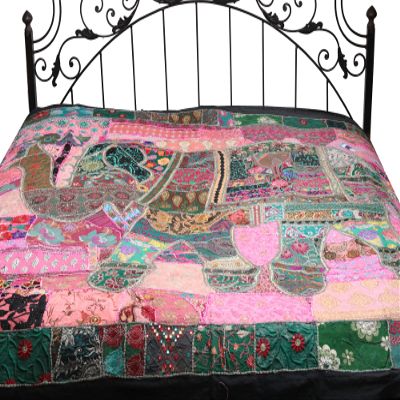 Gujarati Bedcover with Applique Elephant and All-Over Embroidery with Sequins Work - Pure Cotton - Color Rosebloom and Green Color