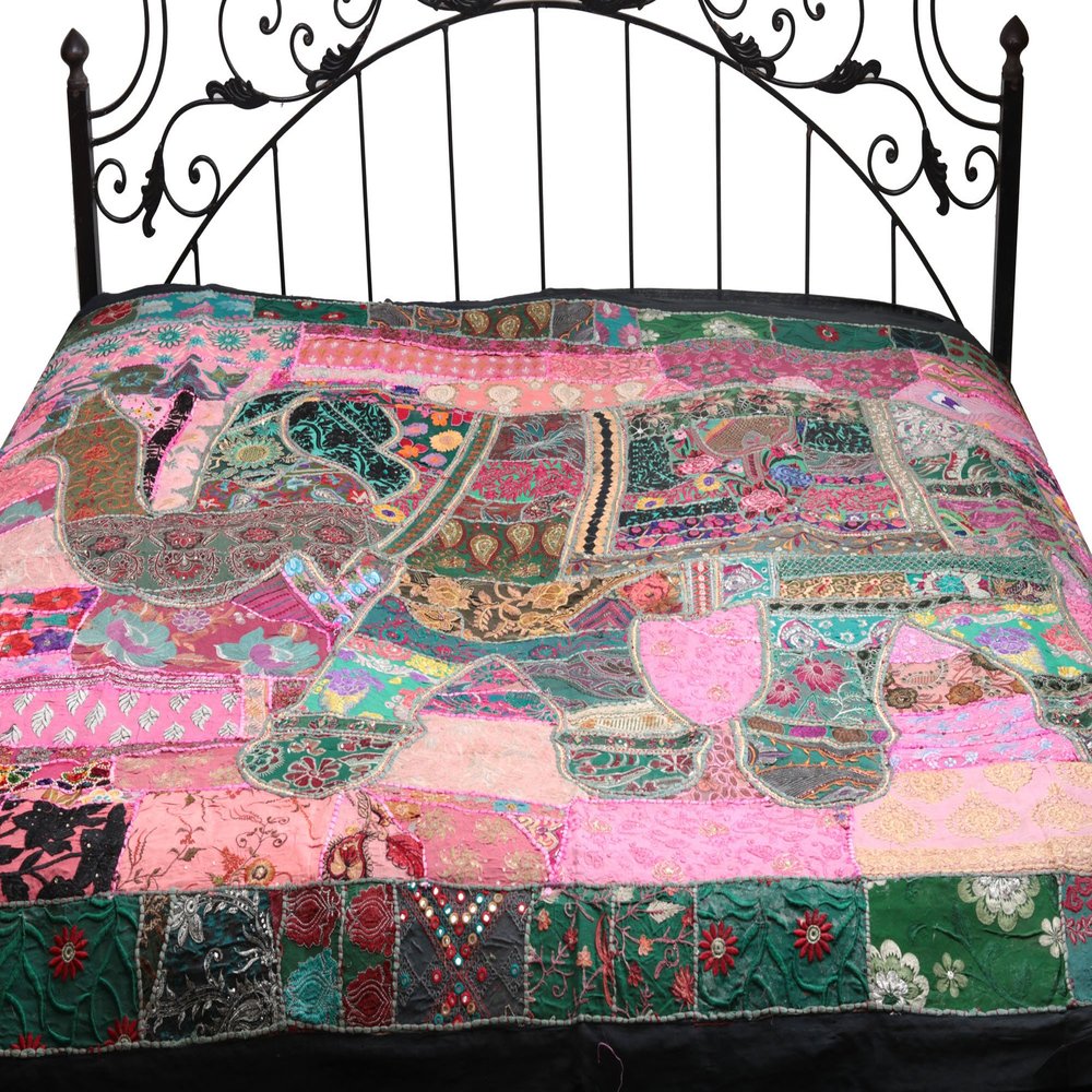 Gujarati Bedcover with Applique Elephant and All-Over Embroidery with Sequins Work - Pure Cotton - Color Rosebloom and Green Color