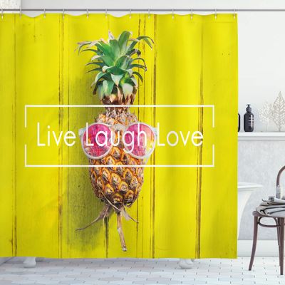 Ambesonne Live Laugh Love Shower Curtain, Tropical Pineapple Fruit with Sunglasses on Yellow Wood Board Joyful Print, Cloth Fabric Bathroom Decor Set with Hooks, 69" W x 70" L, Yellow Green