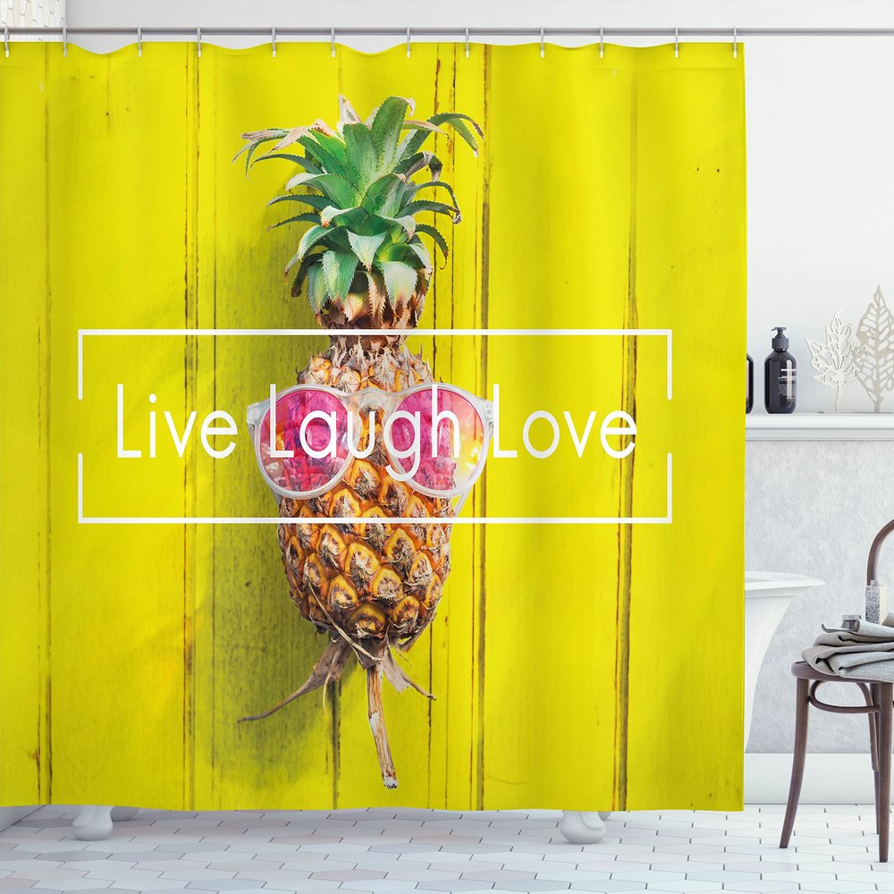 Ambesonne Live Laugh Love Shower Curtain, Tropical Pineapple Fruit with Sunglasses on Yellow Wood Board Joyful Print, Cloth Fabric Bathroom Decor Set with Hooks, 69" W x 70" L, Yellow Green
