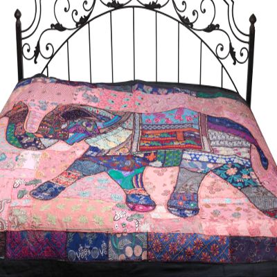 Gujarati Bedcover with Applique Elephant and All-Over Embroidery with Sequins Work - Pure Cotton - Color Blue and Pink Color