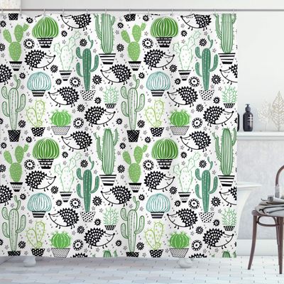 Ambesonne Cactus Shower Curtain, Cartoon Style Inspired Drawing of Hedgehog Animals Saguaro and Prickly Pear, Cloth Fabric Bathroom Decor Set with Hooks, 69" W x 84" L, Dark Grey Green