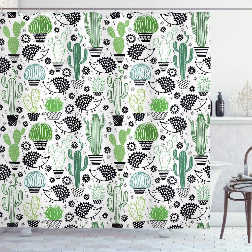 Ambesonne Cactus Shower Curtain, Cartoon Style Inspired Drawing of Hedgehog Animals Saguaro and Prickly Pear, Cloth Fabric Bathroom Decor Set with Hooks, 69" W x 84" L, Dark Grey Green