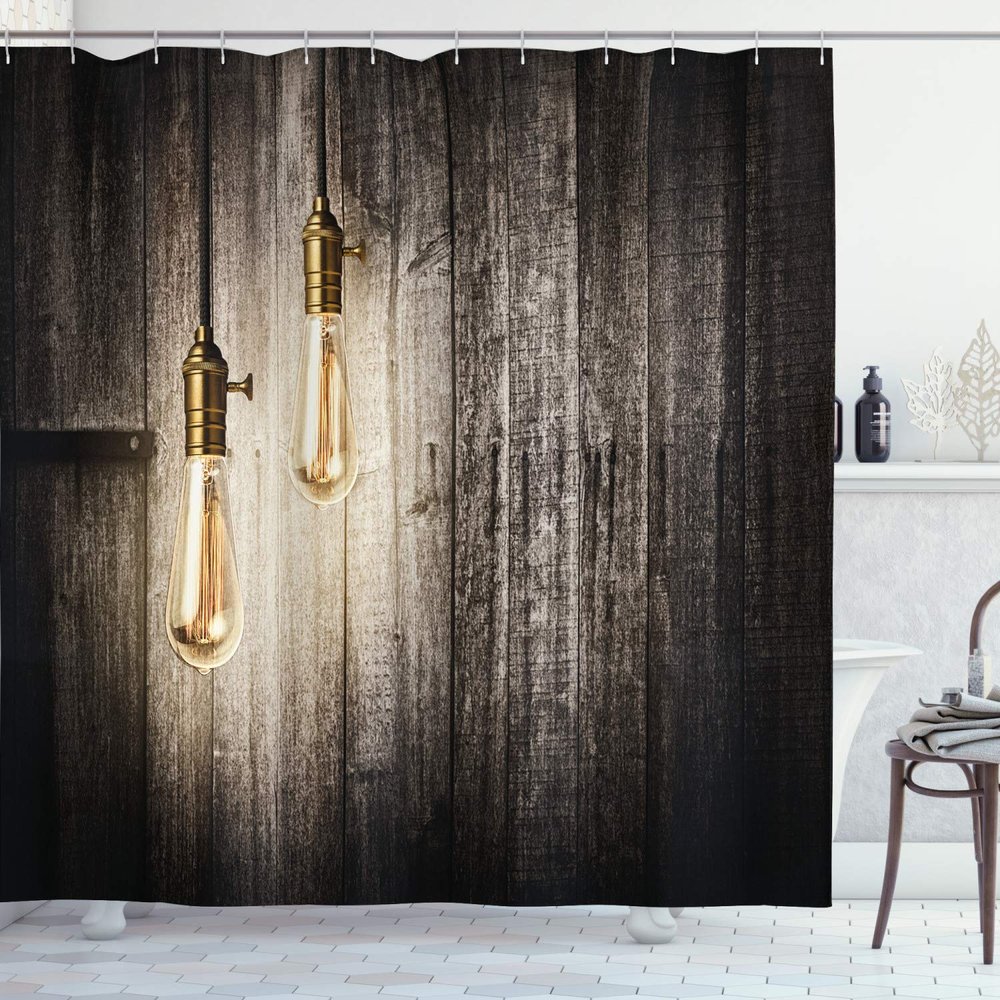 Ambesonne Industrial Shower Curtain, Historical Innovation Edison Revival Retro Electricity Wooden Planks, Cloth Fabric Bathroom Decor Set with Hooks, 69" W x 75" L, Pale Yellow Brown