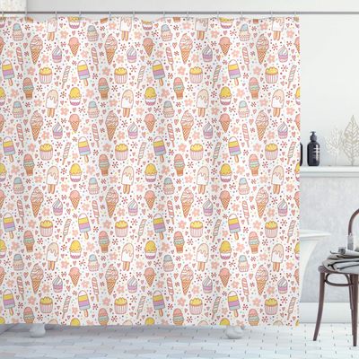 Ambesonne Ice Cream Shower Curtain, Candies and Yummy Heart Summer Flower Color Dots Design, Cloth Fabric Bathroom Decor Set with Hooks, 69" W x 84" L, Peach Coral Mint