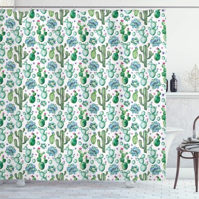 Ambesonne Cactus Shower Curtain, Hand Painted Style Exotic Plant Saguaro Prickly Pear Succulents Spikes Arrangement, Cloth Fabric Bathroom Decor Set with Hooks, 69" W x 84" L, Forest Green