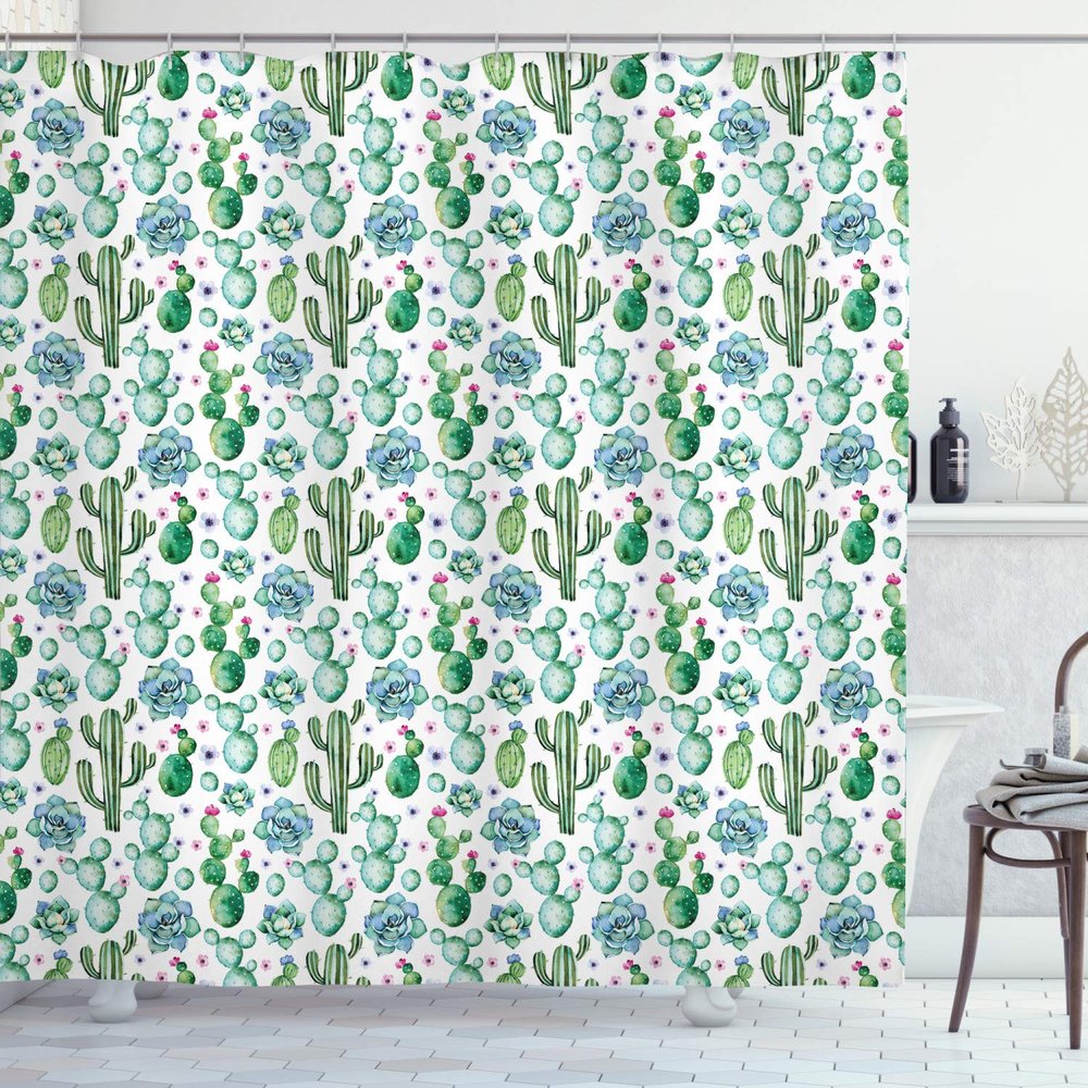 Ambesonne Cactus Shower Curtain, Hand Painted Style Exotic Plant Saguaro Prickly Pear Succulents Spikes Arrangement, Cloth Fabric Bathroom Decor Set with Hooks, 69" W x 84" L, Forest Green