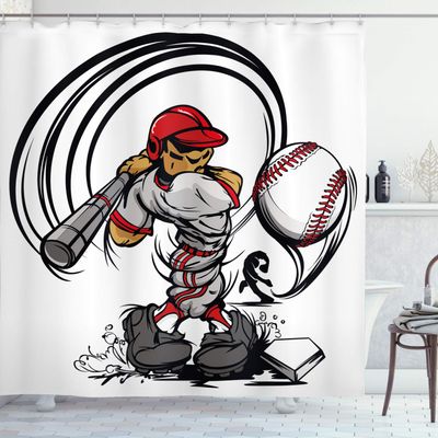 Ambesonne Teen Room Shower Curtain, Baseball Cartoon Style Player Hitting The Ball Boys Caricature Print, Cloth Fabric Bathroom Decor Set with Hooks, 69" W x 70" L, Grey Red White