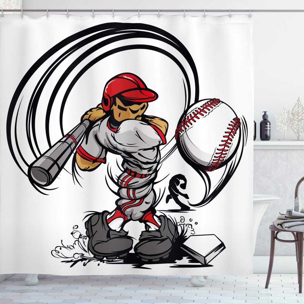 Ambesonne Teen Room Shower Curtain, Baseball Cartoon Style Player Hitting The Ball Boys Caricature Print, Cloth Fabric Bathroom Decor Set with Hooks, 69" W x 70" L, Grey Red White